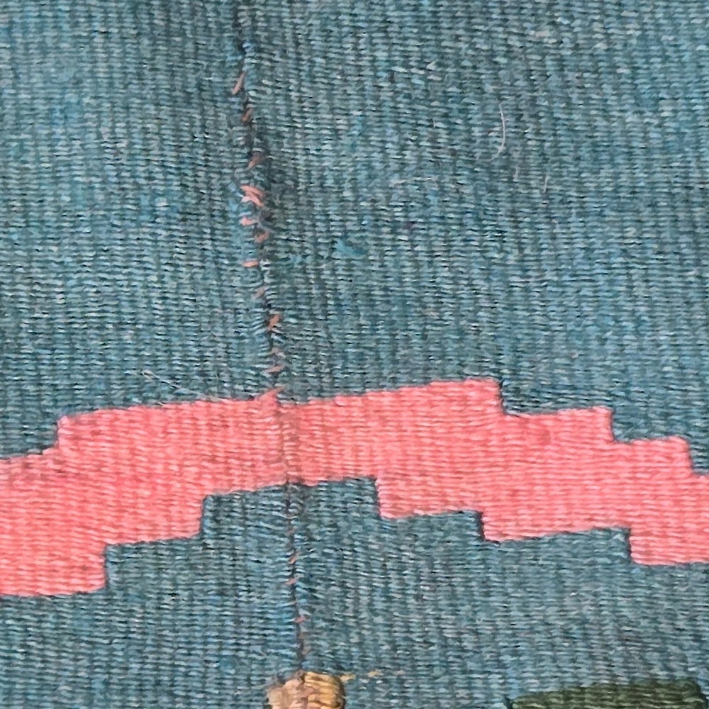 Vintage Handwoven Kilim Rug Floral Medallion Turquoise Tan Boho Flatweave Fringe - Picture 13 of 16